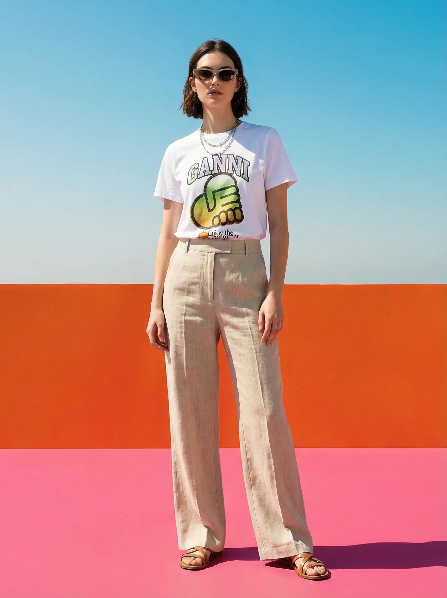 AI fashion model in seasonal lifestyle background - faithful garment color and texture